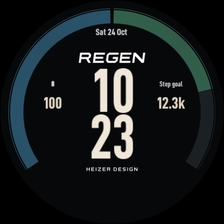 REGEN Wear OS preview with stacked digital time, blue and green progress bands and the lower-left field empty; actual emulator capture with sample readings